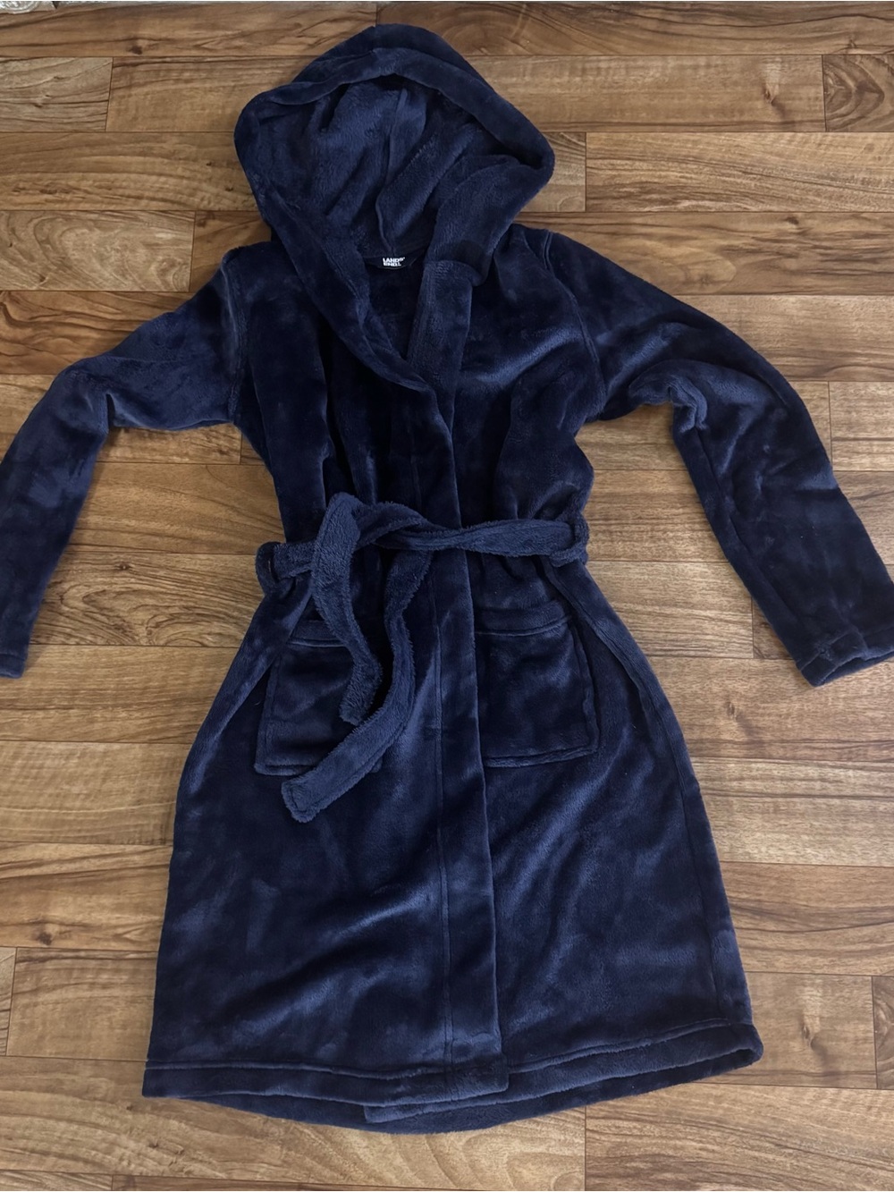 Lands’ End Kids Navy Plush Hooded Fleece Robe Size 12